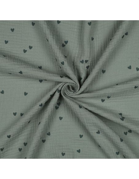 Double gauze fabric printed - Dark green heart on green background