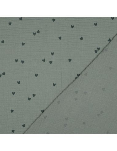 Double gauze fabric printed - Dark green heart on green background