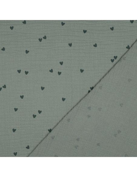 Double gauze fabric printed - Dark green heart on green background