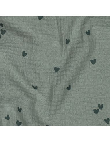 Double gauze fabric printed - Dark green heart on green background