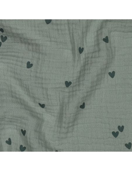 Double gauze fabric printed - Dark green heart on green background