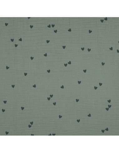 Double gauze fabric printed - Dark green heart on green background