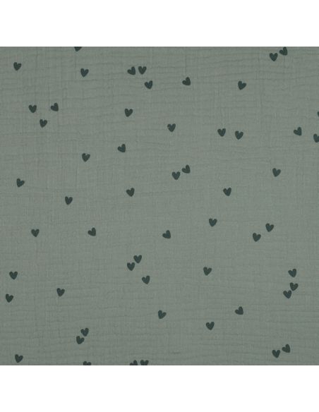 Double gauze fabric printed - Dark green heart on green background