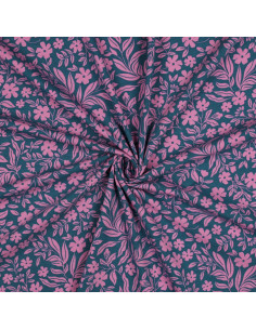 Floral jersey fabric - Pink on petrol blue background