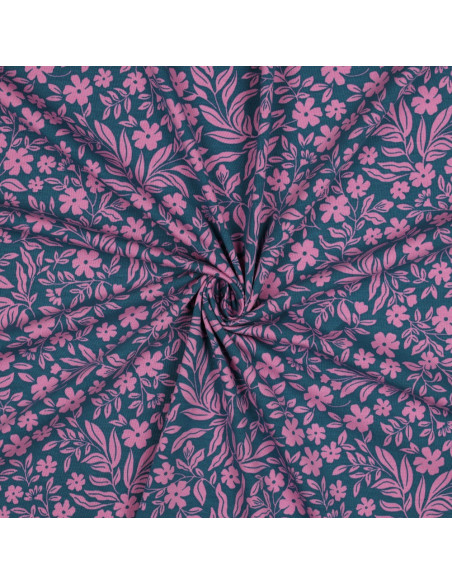 Floral jersey fabric - Pink on petrol blue background