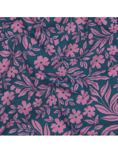 Floral jersey fabric - Pink on petrol blue background