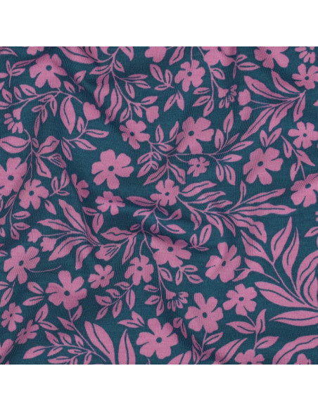 Floral jersey fabric - Pink on petrol blue background