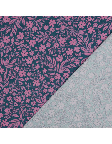 Floral jersey fabric - Pink on petrol blue background