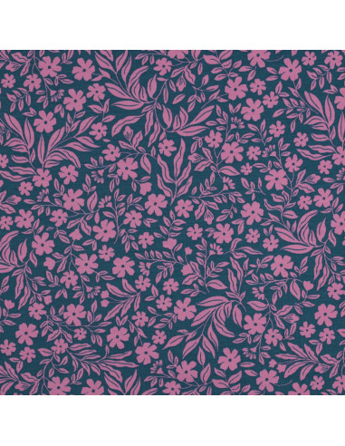 Floral jersey fabric - Pink on petrol blue background
