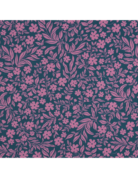 Floral jersey fabric - Pink on petrol blue background