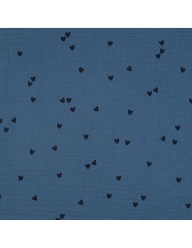Double gauze fabric printed - Black heart on blue background
