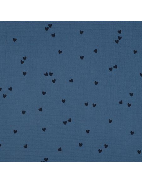 Double gauze fabric printed - Black heart on blue background
