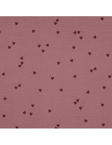 Double gauze fabric - Pink hearts on a dark old rose background