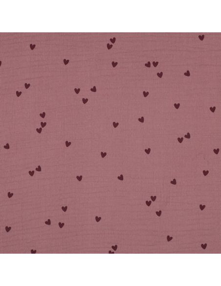 Double gauze fabric - Pink hearts on a dark old rose background