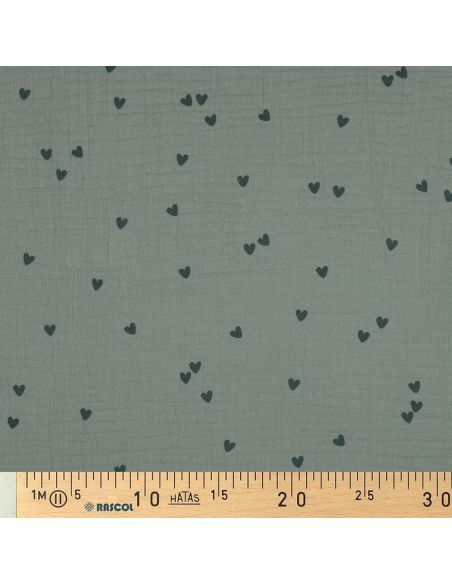 Double gauze fabric printed - Dark green heart on green background