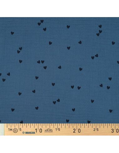 Double gauze fabric printed - Black heart on blue background