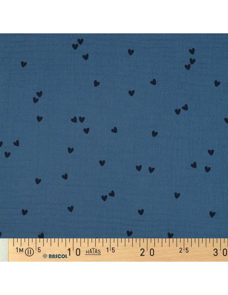 Double gauze fabric printed - Black heart on blue background