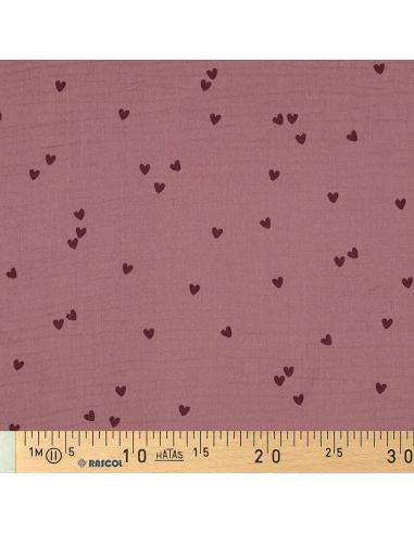 Double gauze fabric - Pink hearts on a dark old rose background