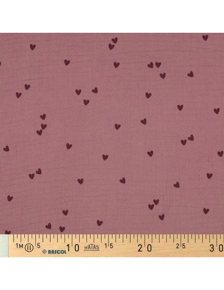Double gauze fabric - Pink hearts on a dark old rose background