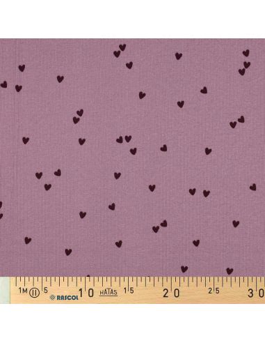 Ribbed cotton jersey fabric - Mauve hearts
