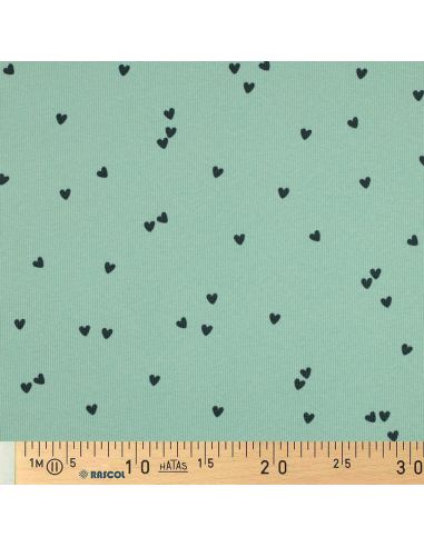 Ribbed cotton jersey fabric - Sage hearts