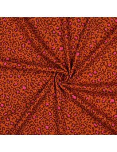 Ribbed cotton jersey fabric - Orange leopard