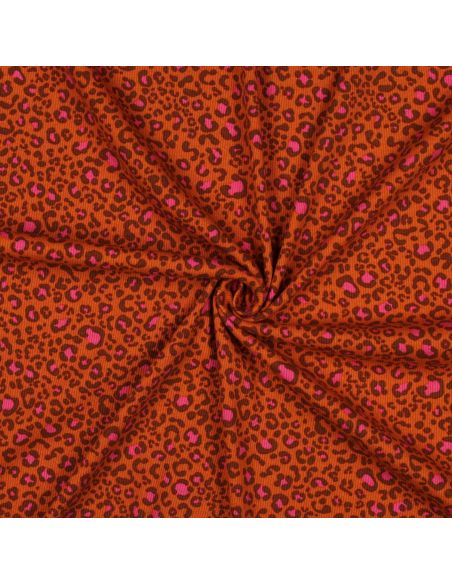 Ribbed cotton jersey fabric - Orange leopard