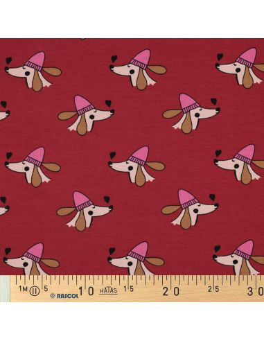 Dog and hearts fleece sweatshirt fabric - Red
