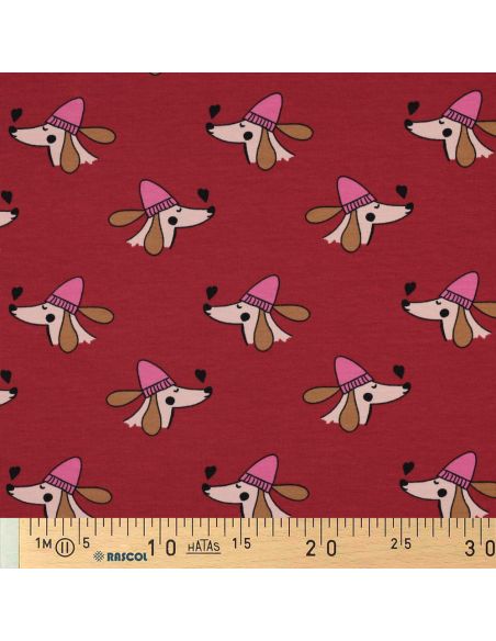 Dog and hearts fleece sweatshirt fabric - Red