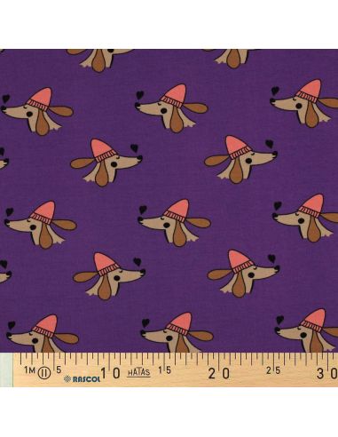 Dog and hearts fleece sweatshirt fabric - Purple