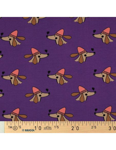Dog and hearts fleece sweatshirt fabric - Purple
