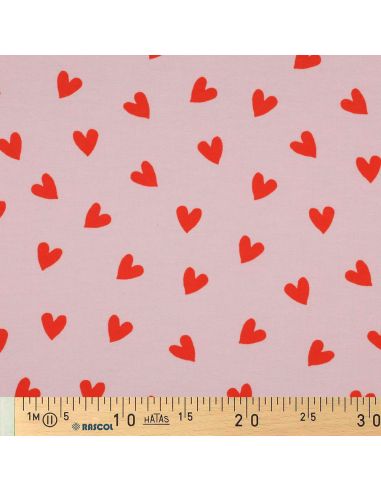 Pink flannel fabric - Bright red hearts