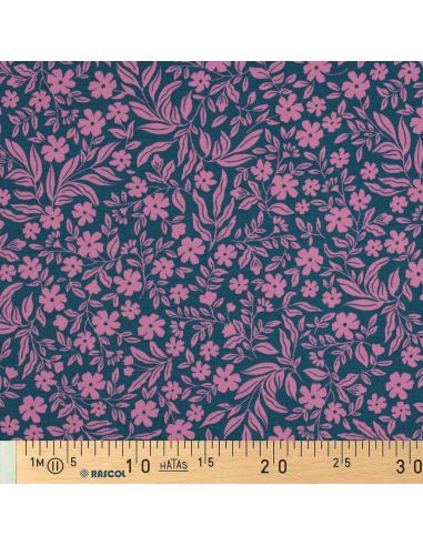 Floral jersey fabric - Pink on petrol blue background