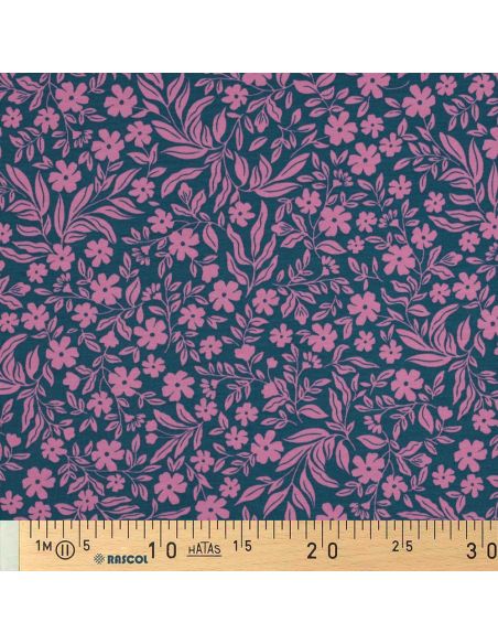 Floral jersey fabric - Pink on petrol blue background