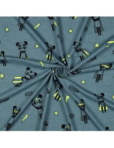 Heathered jersey fabric - Yellow superhero on blue background