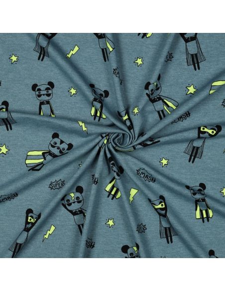 Heathered jersey fabric - Yellow superhero on blue background