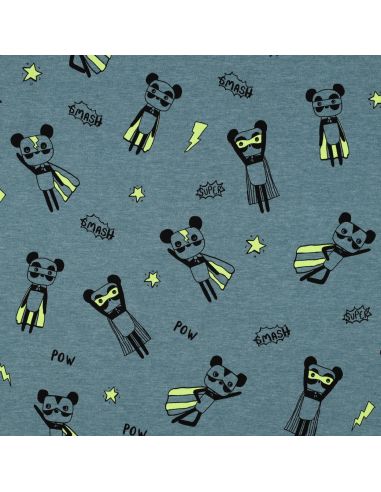 Heathered jersey fabric - Yellow superhero on blue background