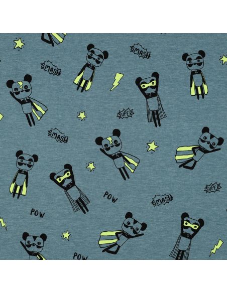 Heathered jersey fabric - Yellow superhero on blue background