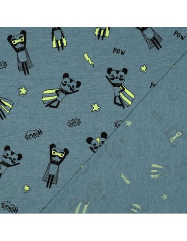 Heathered jersey fabric - Yellow superhero on blue background