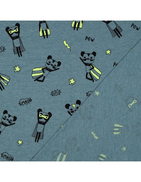 Heathered jersey fabric - Yellow superhero on blue background