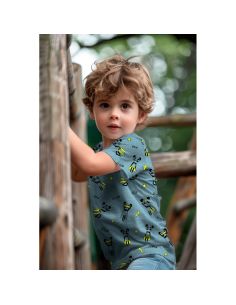 Heathered jersey fabric - Yellow superhero on blue background 2