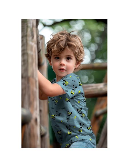 Heathered jersey fabric - Yellow superhero on blue background