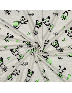 Heathered jersey fabric - Green superhero on gray background