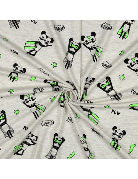 Heathered jersey fabric - Green superhero on gray background