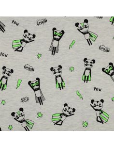 Heathered jersey fabric - Green superhero on gray background 2