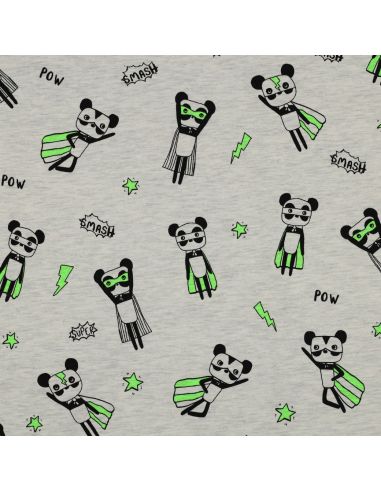 Heathered jersey fabric - Green superhero on gray background