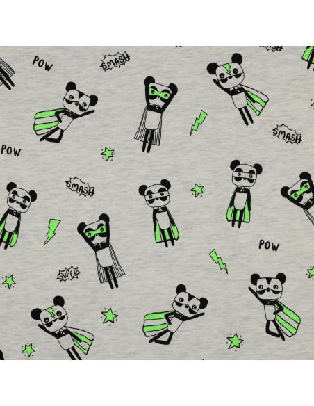 Heathered jersey fabric - Green superhero on gray background
