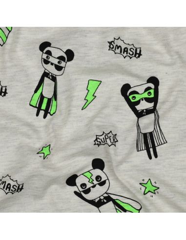 Heathered jersey fabric - Green superhero on gray background