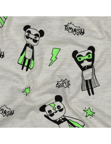 Heathered jersey fabric - Green superhero on gray background