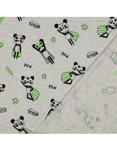 Heathered jersey fabric - Green superhero on gray background